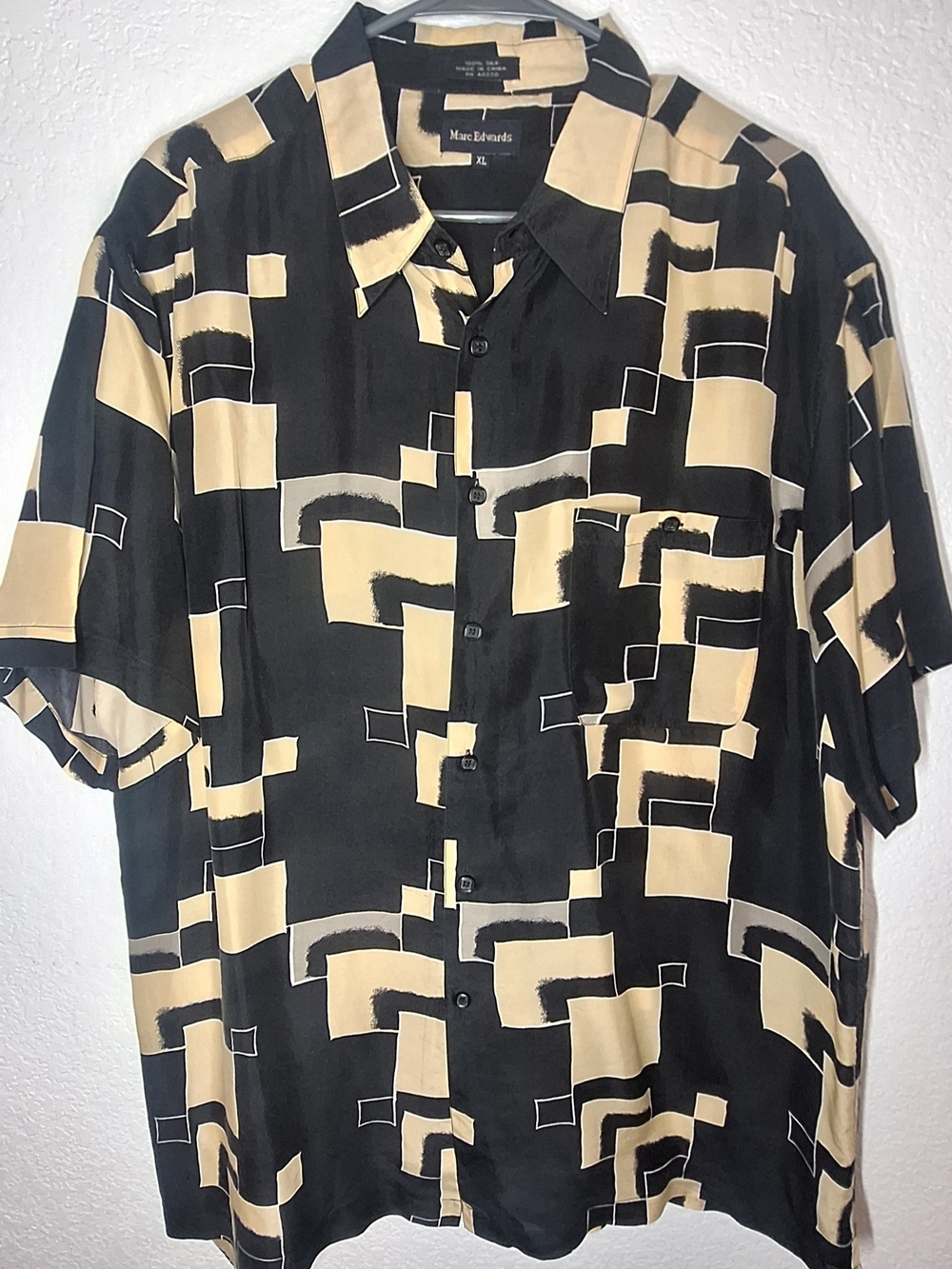 Vintage Marc Edwards 100% Silk Geometric Button Down Shirt XL Black Gold